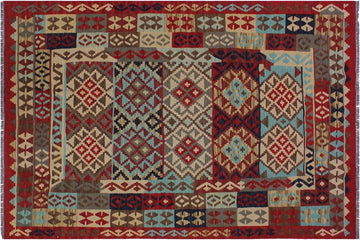 Flat Weave Kilim, Antique, Navaho, Vintage, Handmade, Geometric Kilim Red Tan Hand-Woven Rectangle 100% Wool Area Rug 5 x 7